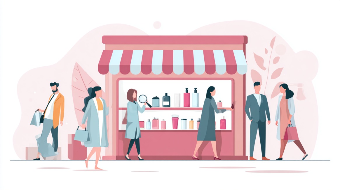 Ilustracija ljudi ispred prodavnice sa proizvodima u izlogu, gde kupci posmatraju i istražuju ponudu, što simbolizuje prve posetioce privučene marketinškim aktivnostima