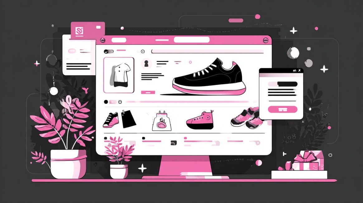 Ilustracija ekrana računara sa prikazom online prodavnice u kojoj se prodaju patike i odeća, okružena biljkama i poklonom, simbolizujući digitalno uređenje prodajnog prostora