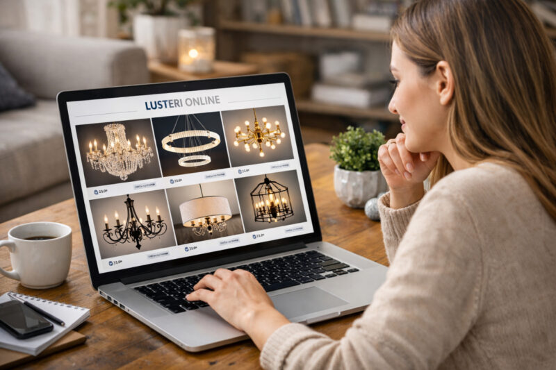 Žena sedi za stolom i bira luster na laptopu tokom online kupovine rasvete