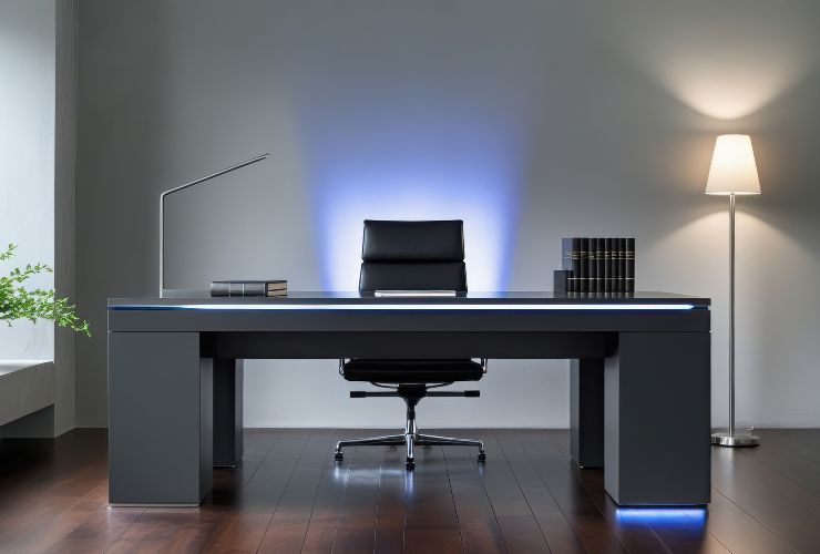 Radni sto u kućnoj kancelariji sa loše postavljenim osvetljenjem koje stvara kontrast i zamor očiju