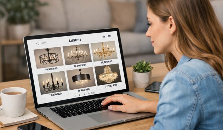 Žena bira luster putem online prodavnice rasvete na laptopu, pregled modela i cena lustera u dinarima
